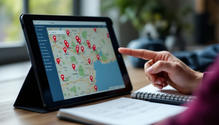 Hands reviewing a map pin cluster while choosing a google business profile primary category