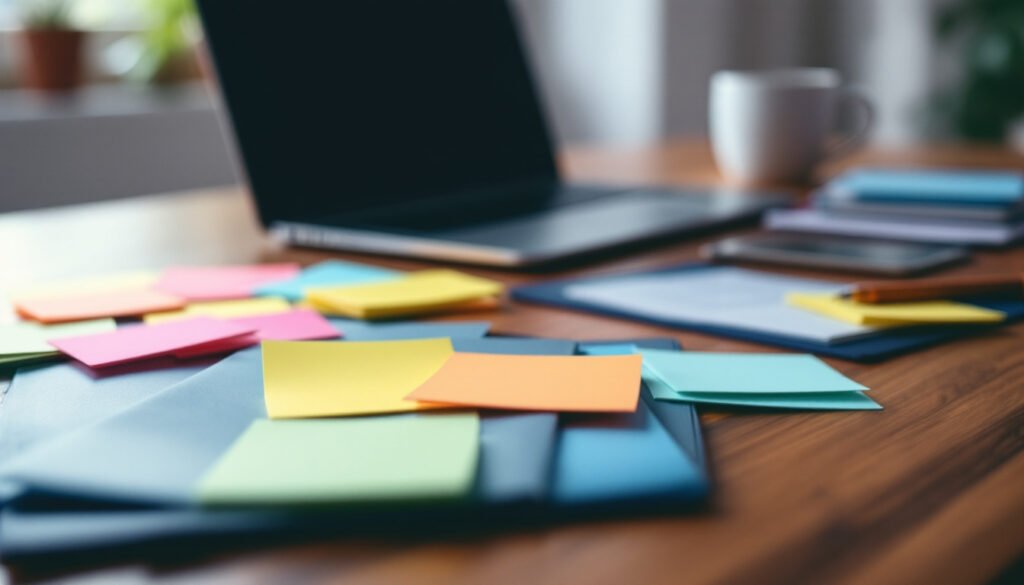 Multiple color-coded client folders spread across a desk representing managing several business profiles
