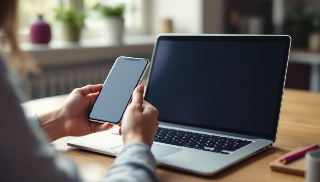Hands holding a phone beside a laptop while comparing two business listing pages