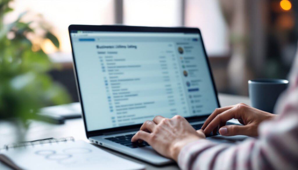 Person studying a blurred business listing on a laptop while taking notes